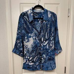 Tahari Woman navy/white/black button down top
